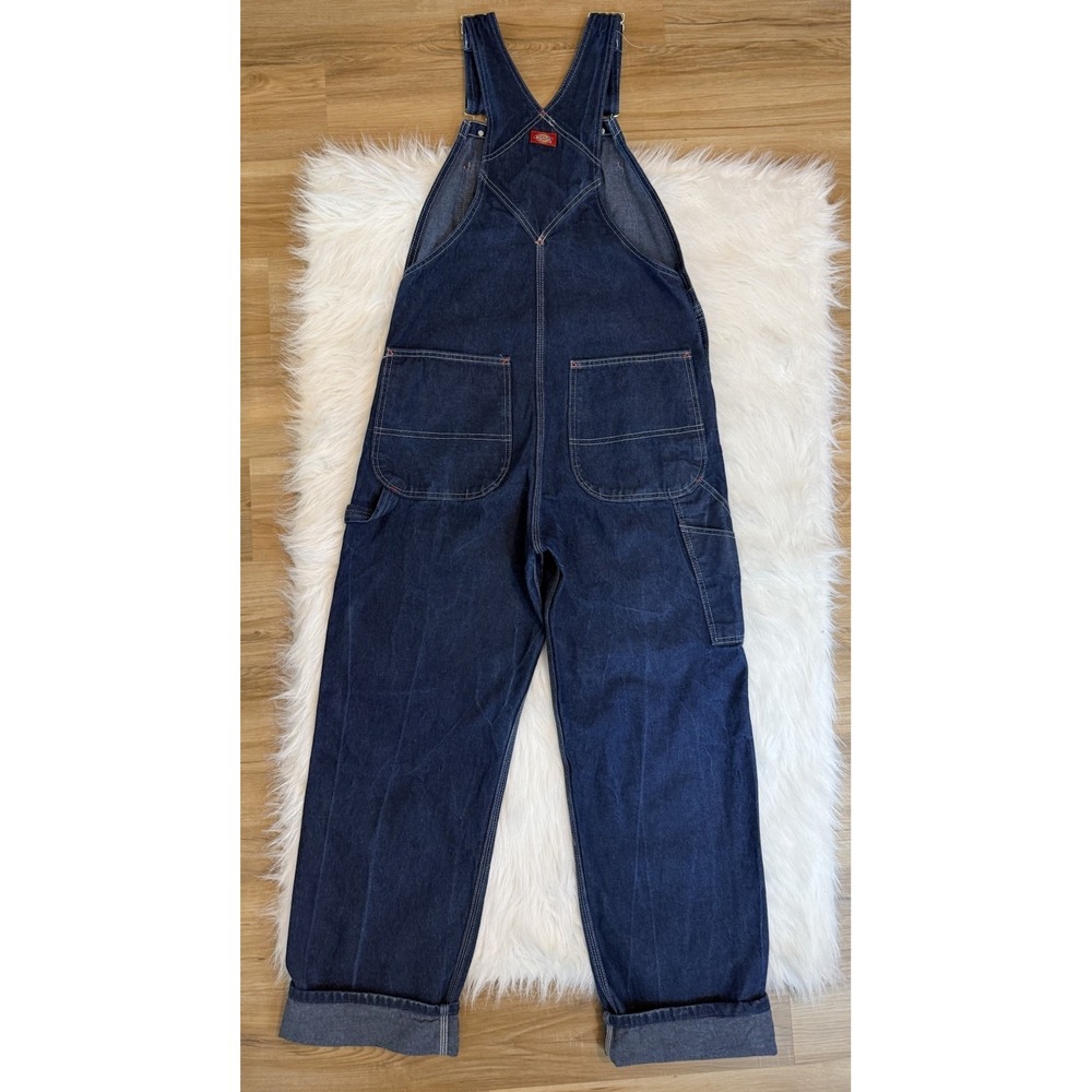 Dickies Womens Denim Overalls Dark Wash Bibs Sz 32x32 Utility Carpenter Workwear - Picture 2 of 8